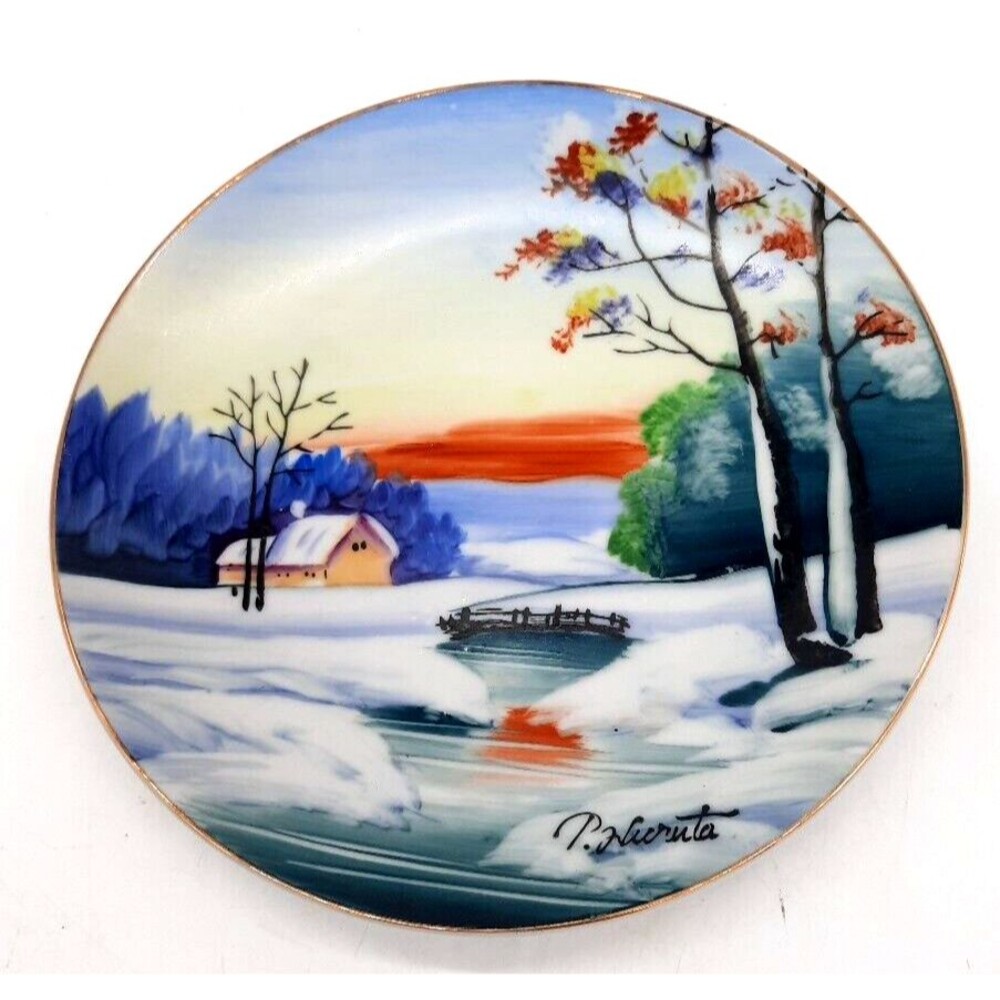 Vintage Japan Hand Painted Sunset Scenery Decorative 7" Plate Signed P Huruta